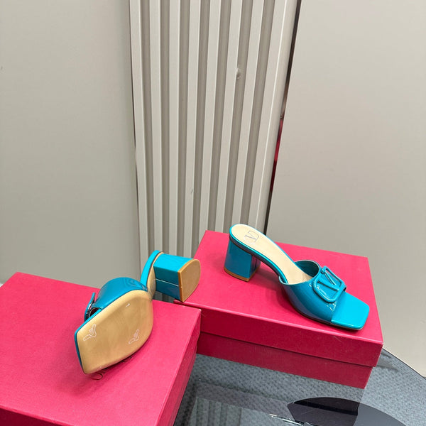 Vogo Signature High Shine Open Toe Sandals In Aqua Blue Glossy Lambskin 839819