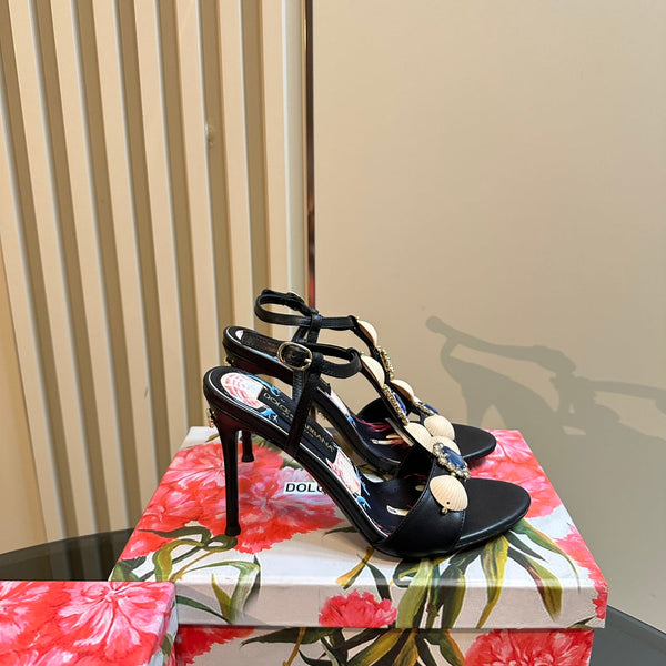 DC 24 Shell Rhinestone High Heel Sandals Black Cowhide & Sheepskin 946163