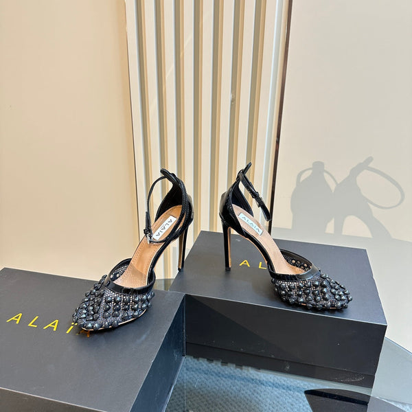 ALAIA HIGH FISHNET PUMPS WITH STUDS IN BLACK LYCRA MESH AND LAMBSKIN