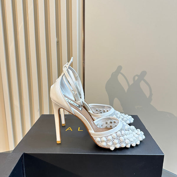 ALAIA HIGH FISHNET PUMPS WITH STUDS IN WHITE LYCRA MESH AND LAMBSKIN