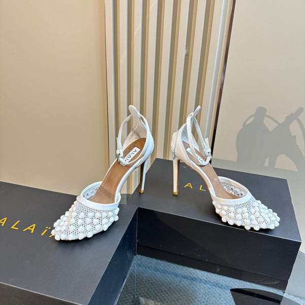 ALAIA HIGH FISHNET PUMPS WITH STUDS IN WHITE LYCRA MESH AND LAMBSKIN