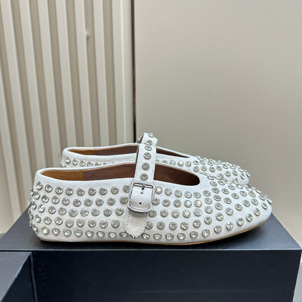 Alaia Strass Suede Ballet Flats In White 999322