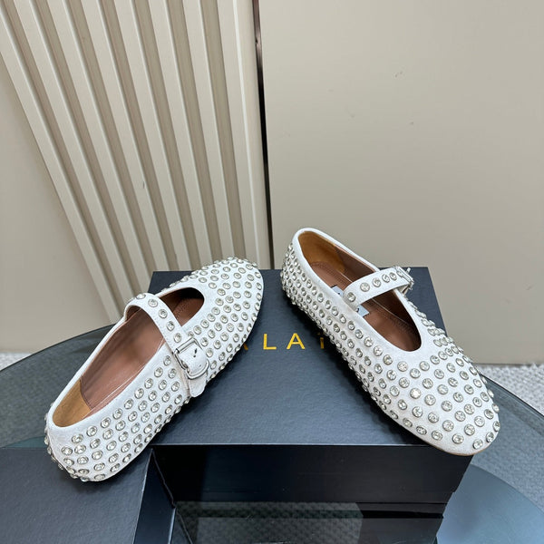 Alaia Strass Suede Ballet Flats In White 999322