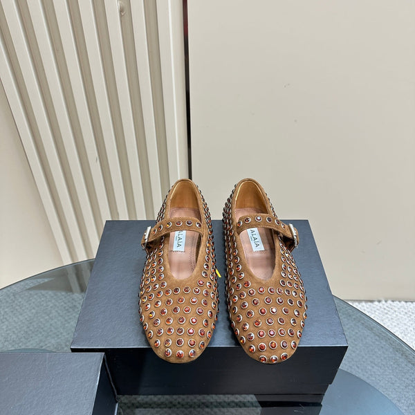 Alaia Strass Suede Ballet Flats In Brown 999324