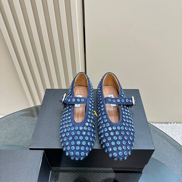 Alaia Strass Suede Ballet Flats In Dark Blue 999320
