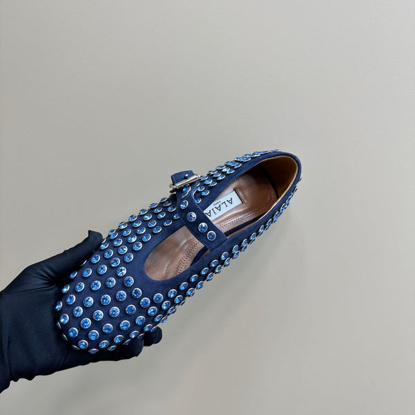 Alaia Strass Suede Ballet Flats In Dark Blue 999320