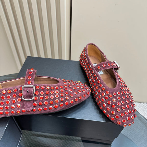 Ballet Flat Fishnet Burgundy Strass Suede