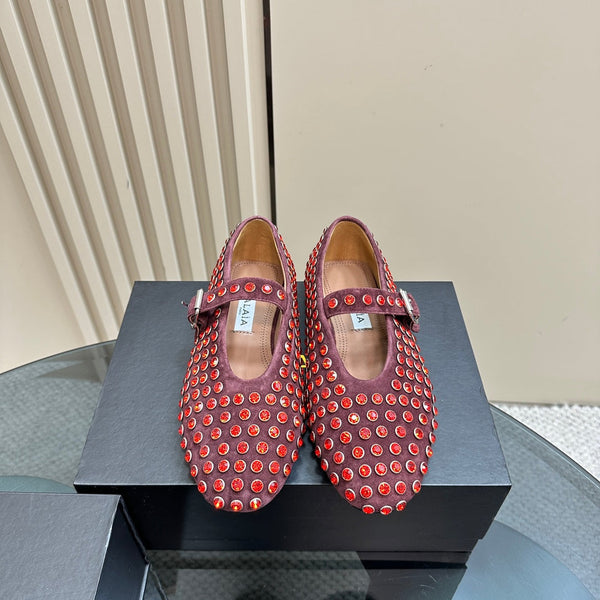 Ballet Flat Fishnet Burgundy Strass Suede