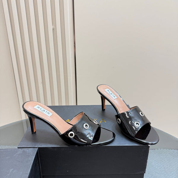 Alaia 2025 Oeillets Embellished Leather Sandals Glossy Black Lambskin 299668