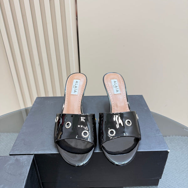 Alaia 2025 Oeillets Embellished Leather Sandals Glossy Black Lambskin 299668