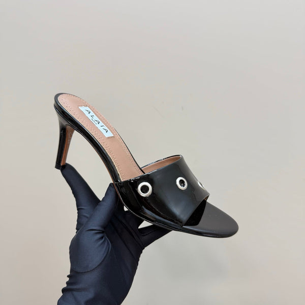 Alaia 2025 Oeillets Embellished Leather Sandals Glossy Black Lambskin 299668