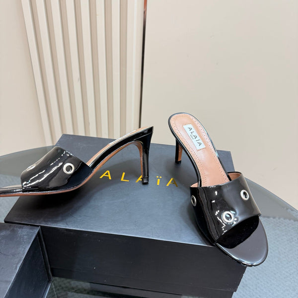 Alaia 2025 Oeillets Embellished Leather Sandals Glossy Black Lambskin 299668