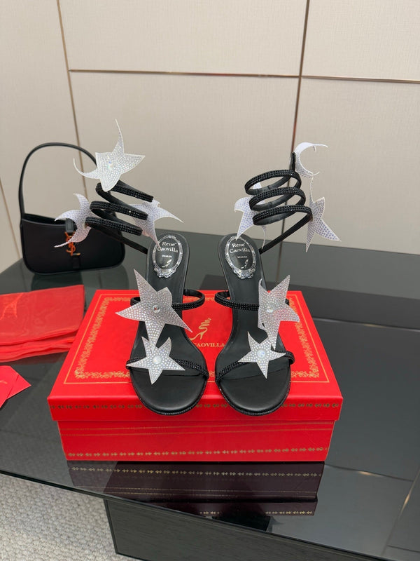 RC Sandals 9.5cm Black Silver Rhinestone Silk 302582