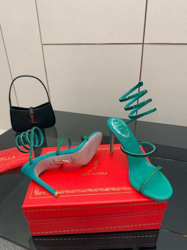 RC Sandals 9.5cm Dark Green Silk Creole Crystal Diamond 302608