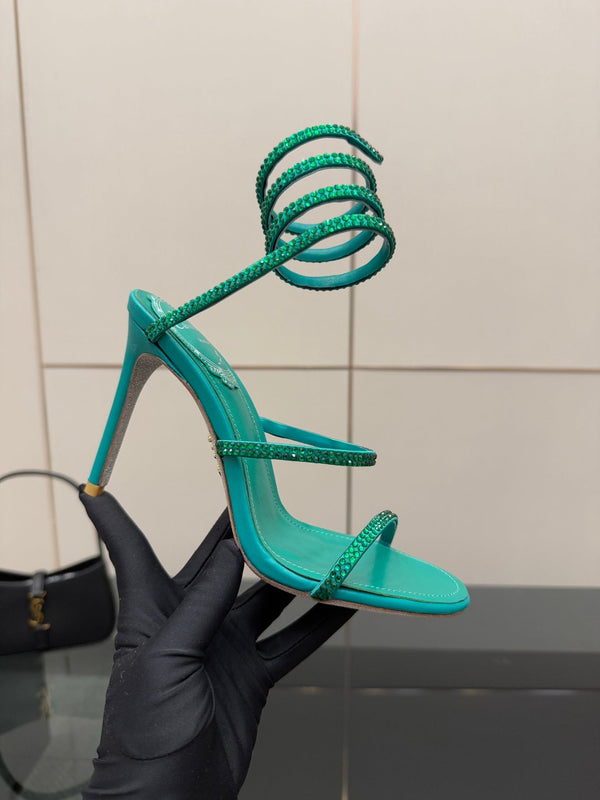 RC Sandals 9.5cm Dark Green Silk Creole Crystal Diamond 302608