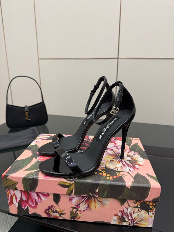DC 25 Buckled High-Heeled Sandals Black Patent Leather & Sheepskin 326383
