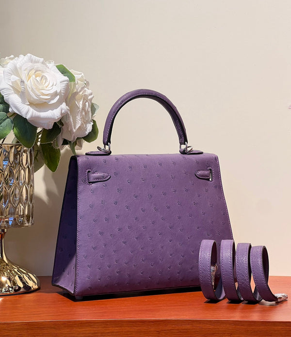 KELLY SELLIER 25 BAG IN ROYAL PURPLE OSTRICH LEATHER WITH SILVER HARDWARE (MADE - TO - ODER)