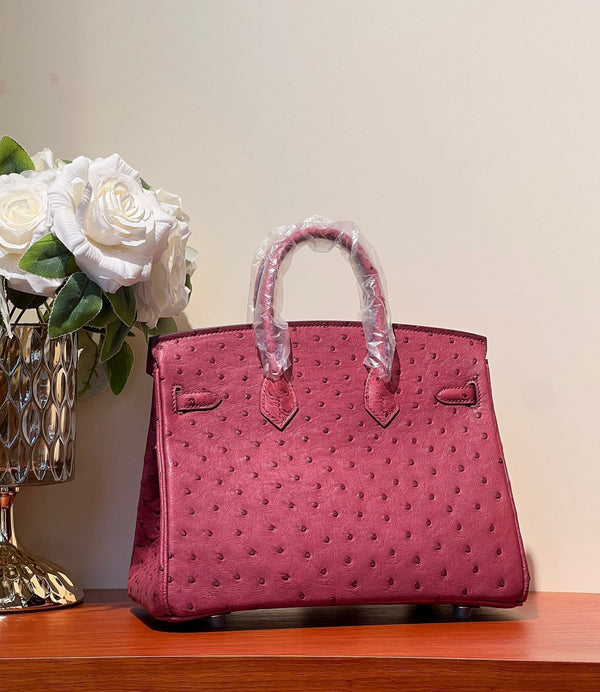 KELLY SELLIER 25 BAG IN CURRANT RED OSTRICH LEATHER WITH SILVER HARDWARE (MADE - TO - ODER)
