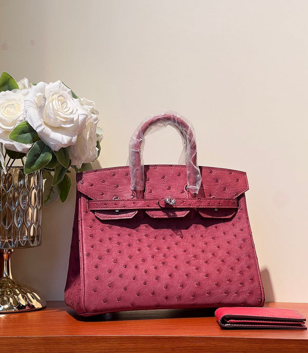 KELLY SELLIER 25 BAG IN CURRANT RED OSTRICH LEATHER WITH SILVER HARDWARE (MADE - TO - ODER)