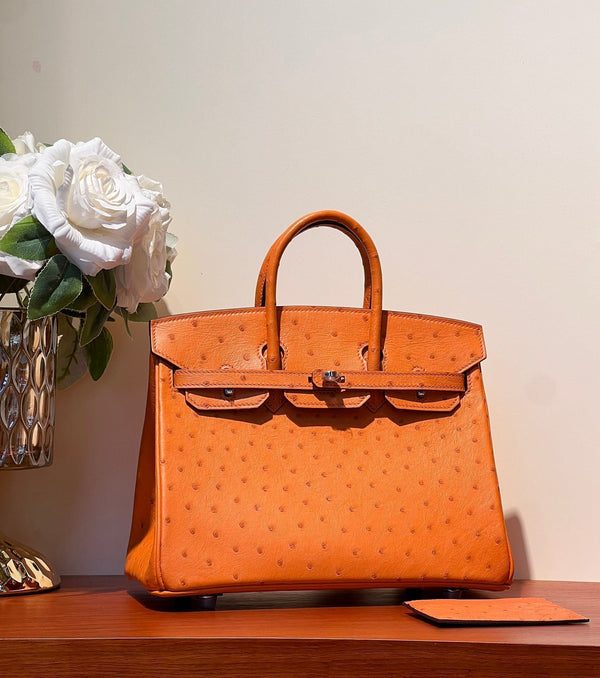 KELLY SELLIER 25 BAG IN FIRE ORANGE OSTRICH LEATHER WITH SILVER HARDWARE (MADE - TO - ODER)