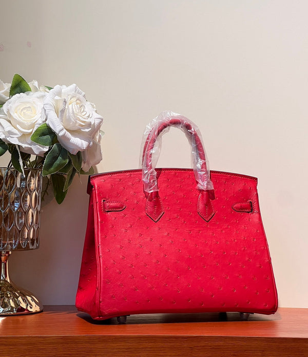 KELLY SELLIER 25 BAG IN CLASSIC RED OSTRICH LEATHER WITH GOLD HARDWARE (MADE - TO - ODER)