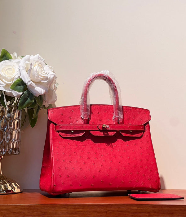 KELLY SELLIER 25 BAG IN CLASSIC RED OSTRICH LEATHER WITH GOLD HARDWARE (MADE - TO - ODER)