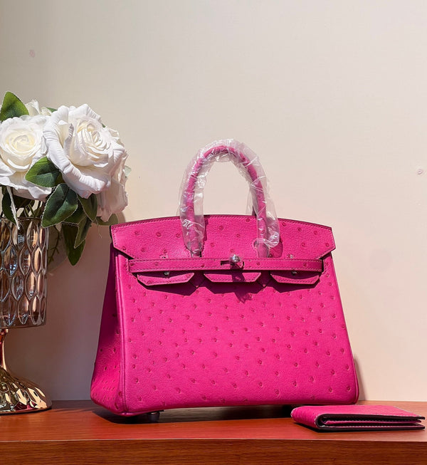 KELLY SELLIER 25 BAG IN BRIGHT PINK OSTRICH LEATHER WITH SILVER HARDWARE (MADE - TO - ODER)