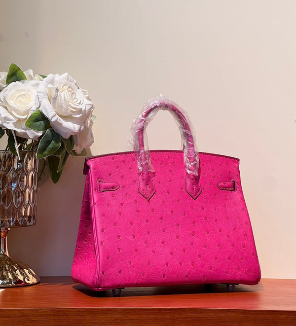 KELLY SELLIER 25 BAG IN BRIGHT PINK OSTRICH LEATHER WITH SILVER HARDWARE (MADE - TO - ODER)