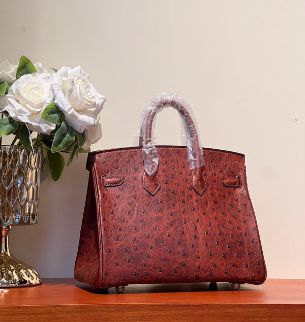 KELLY SELLIER 25 BAG IN BERRY RED OSTRICH LEATHER WITH GOLD HARDWARE (MADE - TO - ODER)