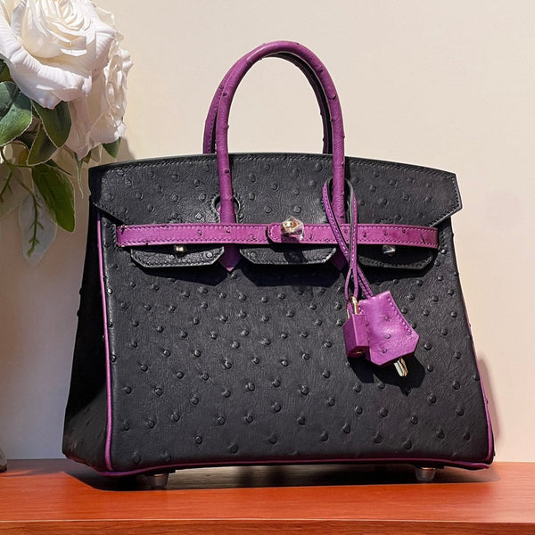 BORSA KELLY SELLIER 25 IN PELLE DI STRUZZO NERA E VIOLA ORCHIDEA (PRODOTTA SU ORDINAZIONE)
