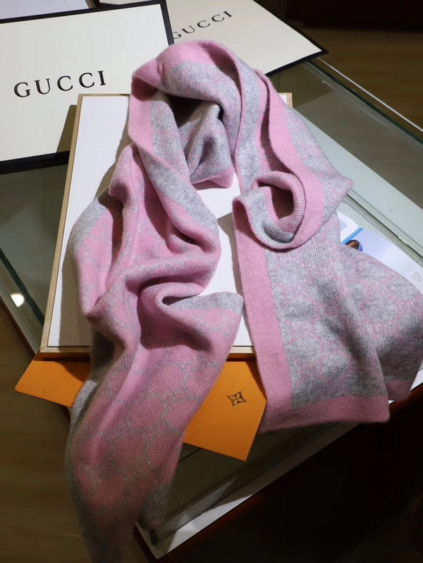 Écharpe Jacquard GG Double G 180CM Laine Rose Gris 282698