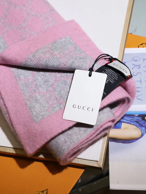 Écharpe Jacquard GG Double G 180CM Laine Rose Gris 282698