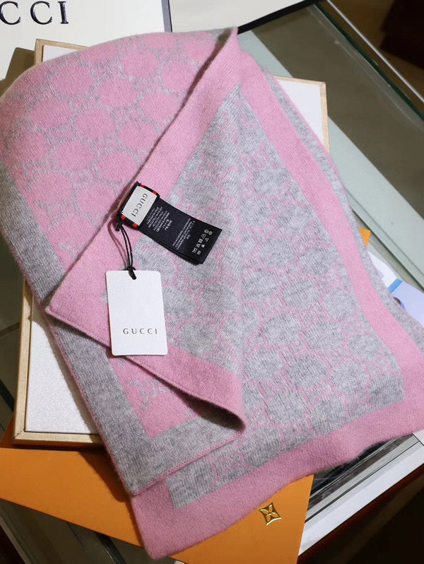 Écharpe Jacquard GG Double G 180CM Laine Rose Gris 282698