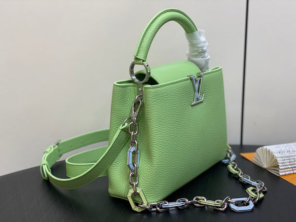CAPUCINES BB 27 VERDE TAURILLON TURCHESE ARGENTO HARDWARE