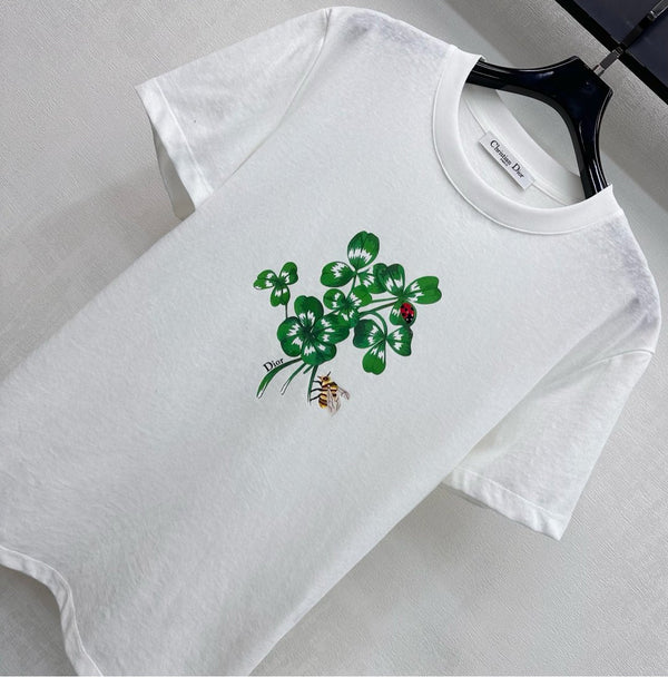 CD SS26 Fitted T-Shirt Green Dior Clover Motif White Cotton 351003
