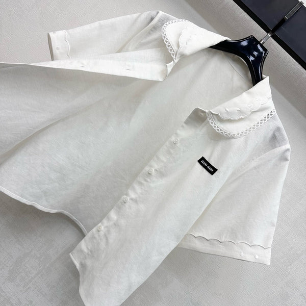 Ensemble Miu PE26 chemise à col festonné et jupe trapèze en coton et lin blanc 351916