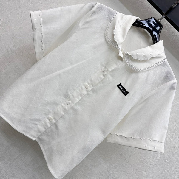 Ensemble Miu PE26 chemise à col festonné et jupe trapèze en coton et lin blanc 351916