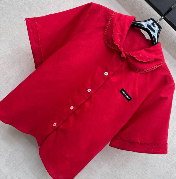 Ensemble Miu PE26 chemise à col festonné et jupe trapèze en coton et lin rouges 351911