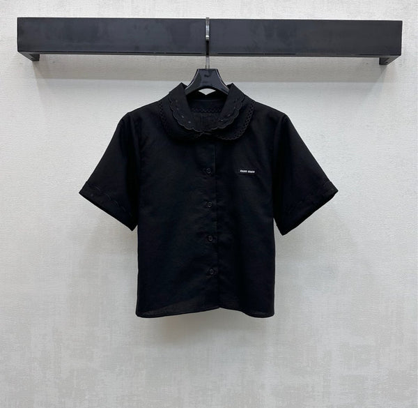 Miu PE26 Ensemble Chemise à Col Festonné Jupe Trapèze Coton Lin Noir 351921