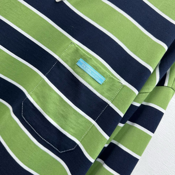 T-shirt Prada à col rond, rayé, couleur bloquée, bleu vert fougère, coton 350365