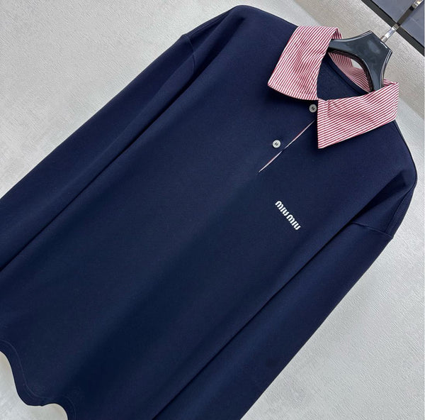 Polo surdimensionné en piqué Miu SS26, coton bleu marine 350370