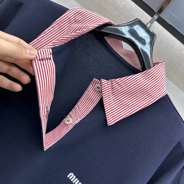 Polo surdimensionné en piqué Miu SS26, coton bleu marine 350370
