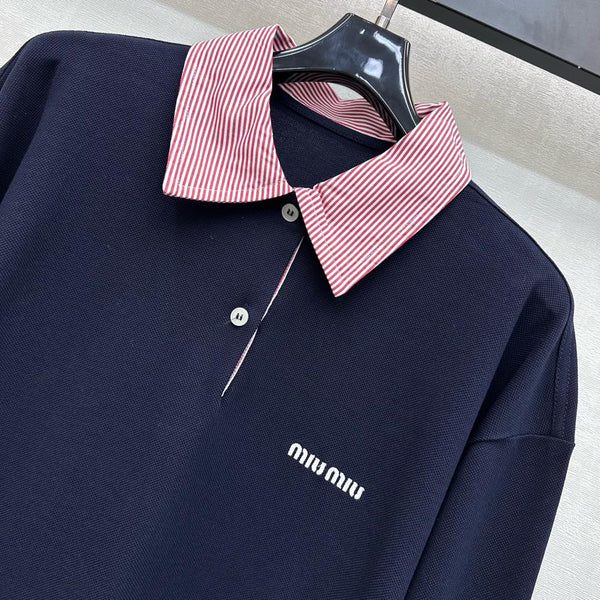 Polo surdimensionné en piqué Miu SS26, coton bleu marine 350370