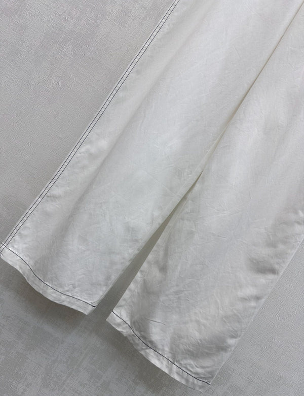 CC Pantalon à cordon en sangle Blanc Coton Tencel 350186