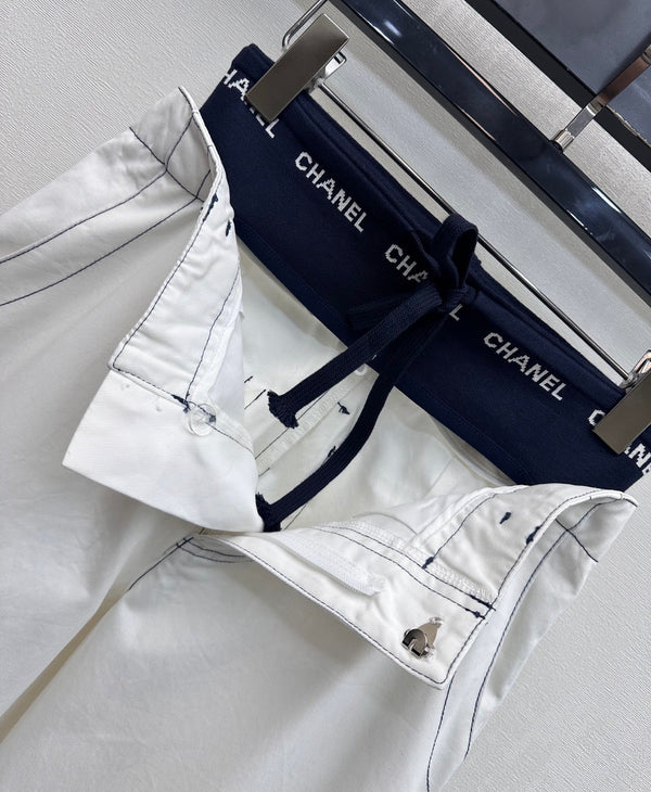 CC Pantalon à cordon en sangle Blanc Coton Tencel 350186