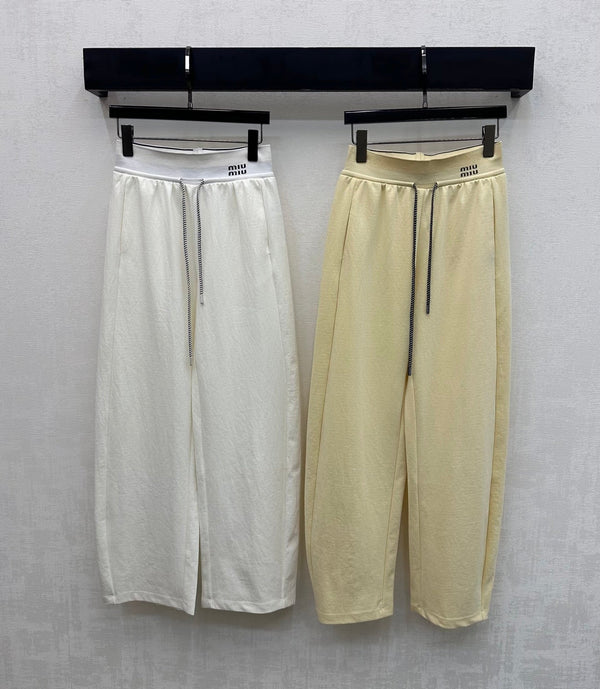 Miu Drawstring Webbing Pants White Tencel Cotton Fabric 350207