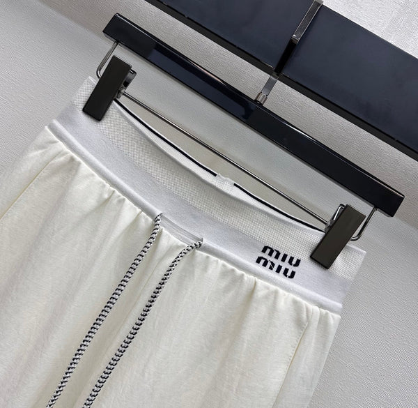 Miu Drawstring Webbing Pants White Tencel Cotton Fabric 350207