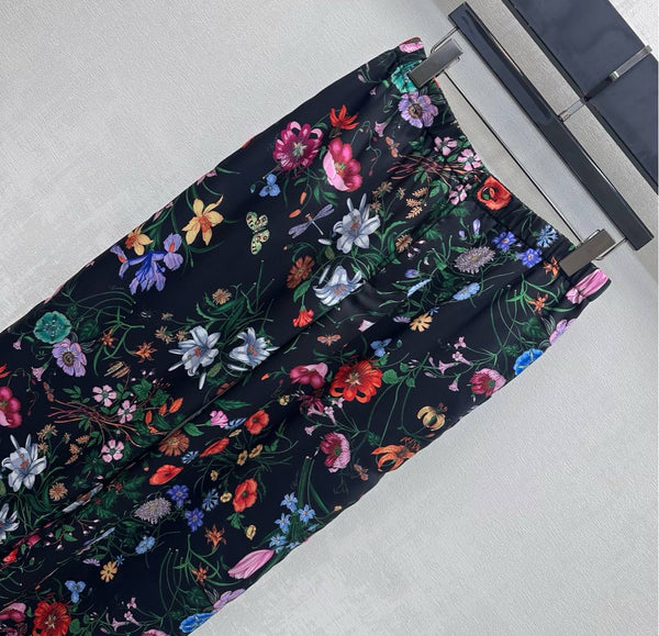 GG SS26 Printed Straight Leg Trousers Black Multicolor Silk 351694