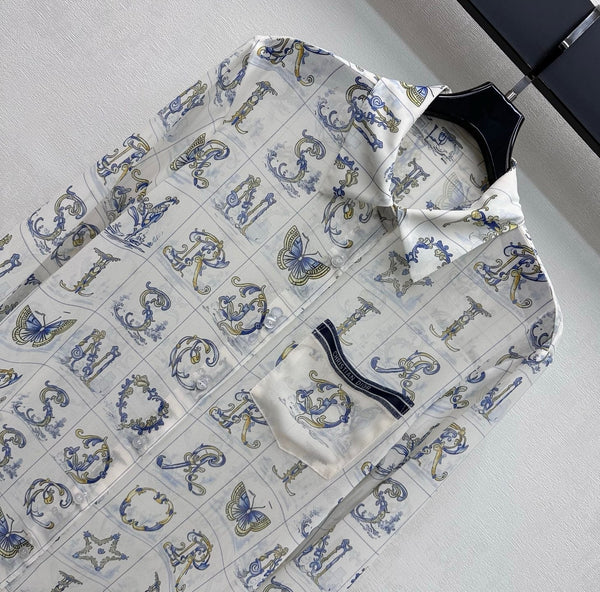 CD 26s Monogrammed Long-Sleeved Shirt White Navy Blue Polyester Fiber