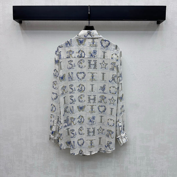 CD 26s Monogrammed Long-Sleeved Shirt White Navy Blue Polyester Fiber